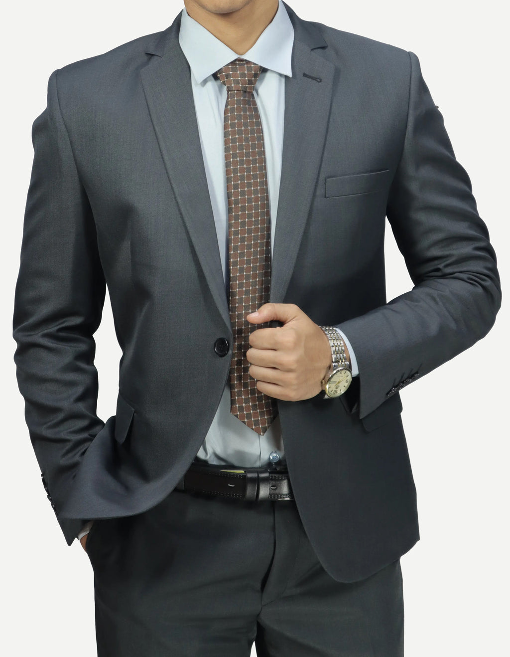 بدلة رجالي رمادي– قماش ناعم، زرار واحد Regular Fit